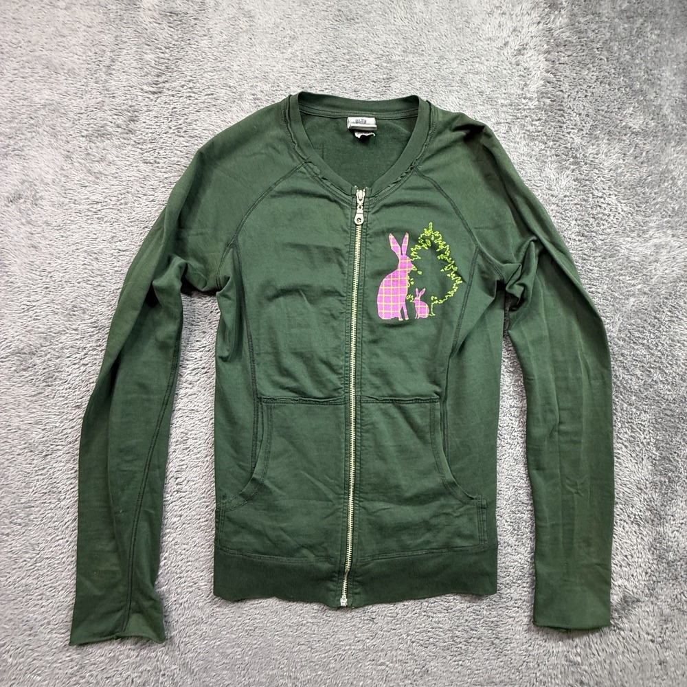 Blue Platypus Y2K VTG Sweatshirt Full Zip Womens S USA Green Distressed Bunny